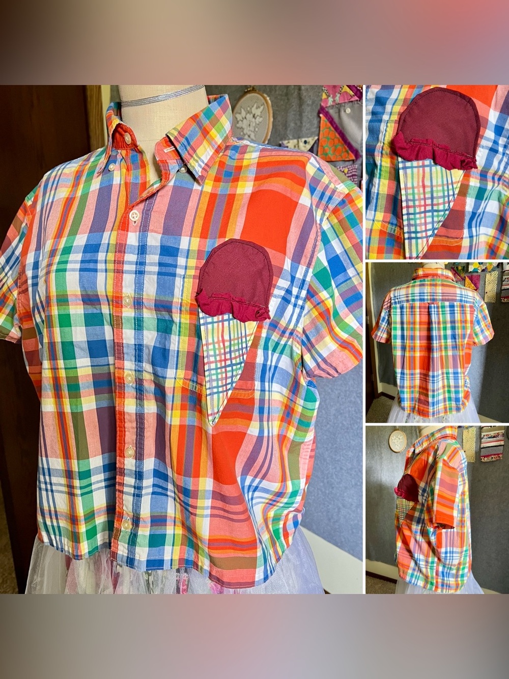 Rainbow Plaid Button Down Shirt with Ice Cream Cone